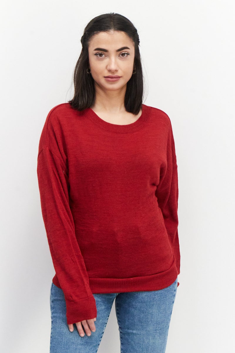 NA-KD Women Crew Neck Open Back Knitted Sweater, Red - Image 1